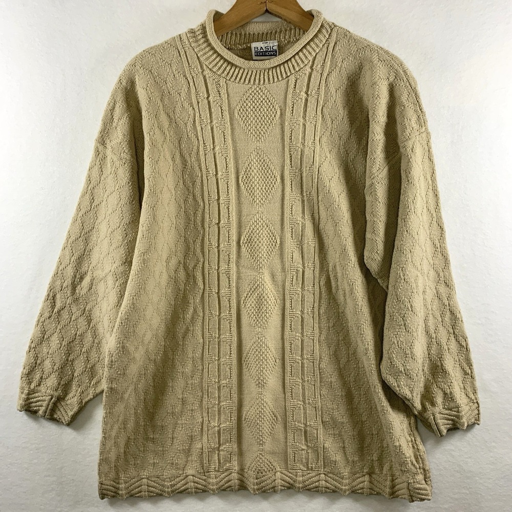 VTG Basic Editions Womens Textured‎ Roll Neck Sweater Large Beige 3/4 Sleeve USA